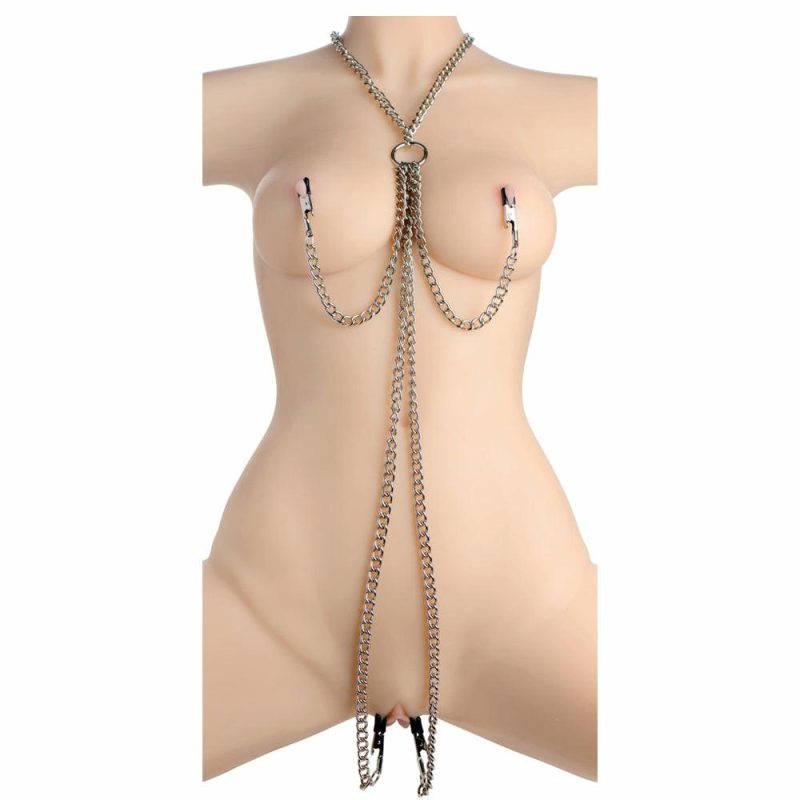 Chain Collar & Nipple To Genitals Clamp Set Bondage & Fetish