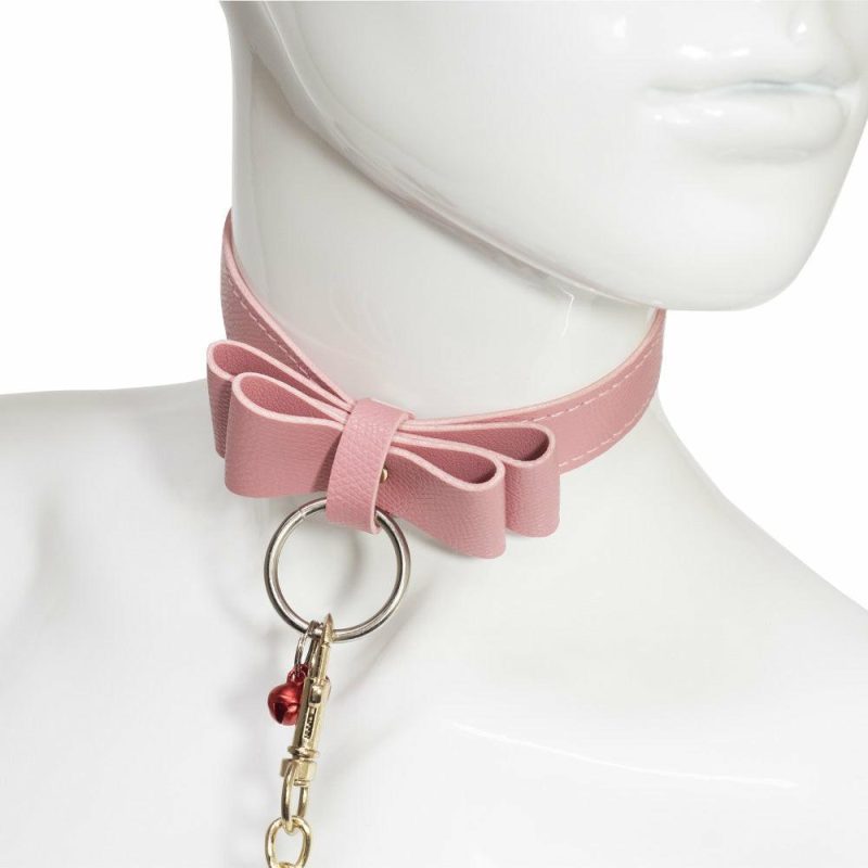 Faux Leather Bow Collar With Bells & Chain Leash Bondage & Fetish